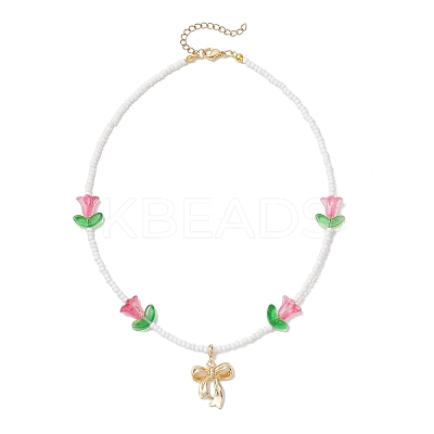 Alloy Bowknot Pendant Tulip Flower Glass Seed Beaded Necklaces for Women NJEW-MZ00148-1