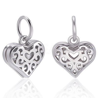 2Pcs Rhodium Plated Hollow Out 925 Sterling Silver Heart Charms STER-BBC0008-22-1