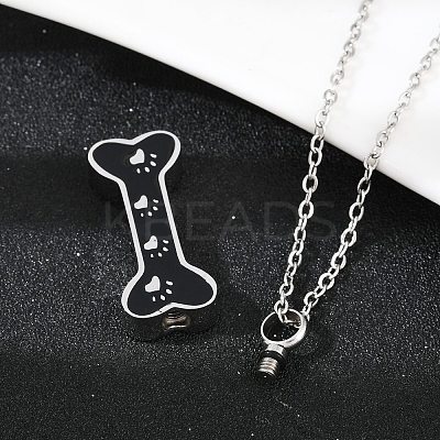 304 Stainless Steel Black Enamel Paw Print Bone Pendant Pet Urn Ashes Necklaces NJEW-S455-06P-1