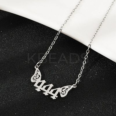 201 Stainless Steel Number 444 with Butterfly Wings Pendant Necklaces LS-NJEW-P332-01B-P-1
