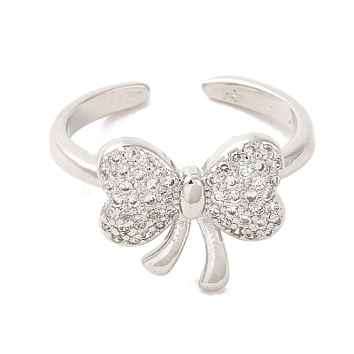 Bowknot Brass Micro Pave Clear Cubic Zirconia Cuff Rings for Women RJEW-G311-04C-P-1