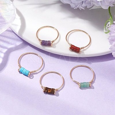 Column Natural Amethyst & Red Jasper & Green Aventurine & Tiger Eye & Lepidolite/Purple Mica Finger Rings RJEW-JR00781-1