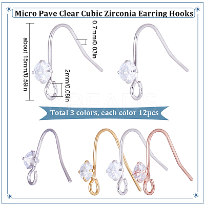 36Pcs 3 Colors Brass Micro Pave Clear Cubic Zirconia Earring Hooks KK-SC0003-50-1