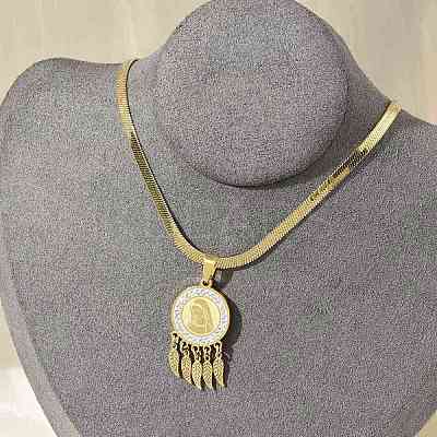 201 Stainless Steel Clear Cubic Zirconia Flat Round Virgin with Feather Pendant Necklaces NJEW-H055-02G-1