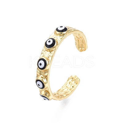 Real 18K Gold Plated Brass Open Cuff Ring with Enamel Evil Eye for Women RJEW-Q166-02A-1