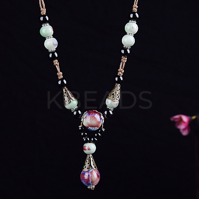Alloy & Porcelain Teardrop Pendant Beaded Necklaces for Women FS-WG9463F-01-1