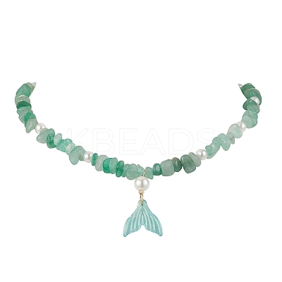 Natural Green Aventurine Chip & Imitaton Round Pearl Beaded Adjustable Necklaces NJEW-JN05227-03-1