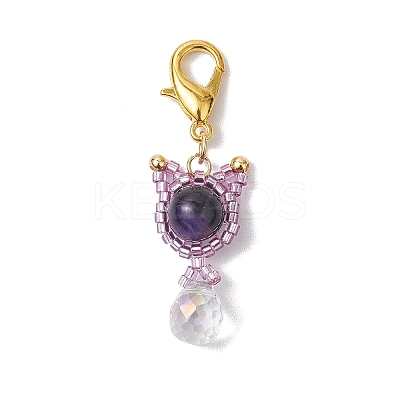 Natural Tiger Eye & Glass Seed Beaded Cat Pendant Decoration HJEW-MZ00157-05-1