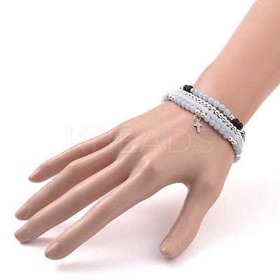 4Pcs 4 Style Natural Angelite & Lava Rock & Opalite Round Beaded Stretch Bracelets Set BJEW-JB09083-1