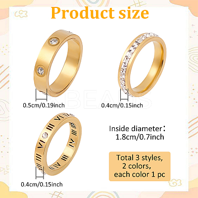 6Pcs 6 Style 201 Stainless Steel Hollow Roman Numerals Finger Ring Set with Rhinestone RJEW-AN0001-21-1