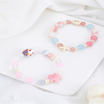 2Pcs 2 Styles Porcelain Synthetic Turquoise Beads Stretch Bracelets for Women BJEW-LP0004-46-1