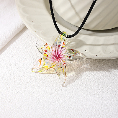 Summer Beach Starfish Transparent Glass Pendant Black Waxed Cord Necklaces for Women FS-WG29C72-02-1