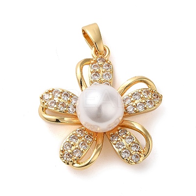 Brass Micro Pave Clear Cubic Zirconia with Plastic Pearl Pendants KK-G483-07G-1