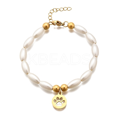 304 Stainless Steel Flat Round with Paw Print Charm Bracelets for Women BJEW-C098-11G-1