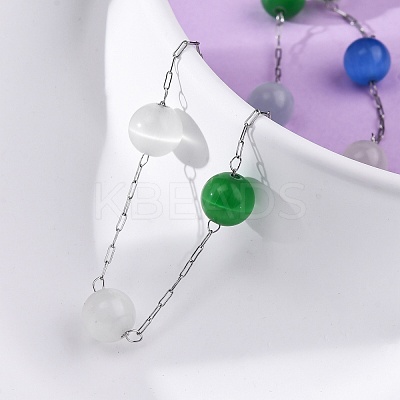 304 Stainless Steel Cat Eye Round Beads Handmade Chain Necklaces for Women NJEW-C073-01P-07-1