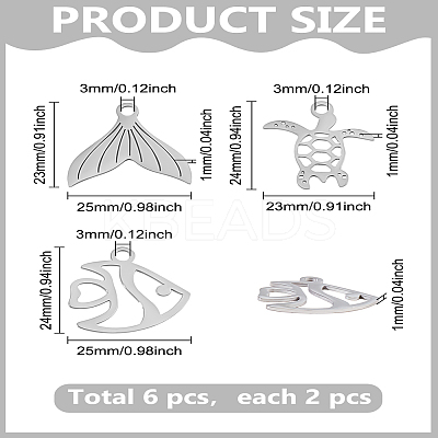 6Pcs 3 Styles 304 Stainless Steel Pendants STAS-LP0003-25-1