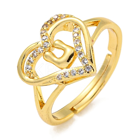 Heart with Letter Rack Plating Brass Micro Pave Clear Cubic Zirconia Adjustable Rings for Women RJEW-I105-01G-U-1