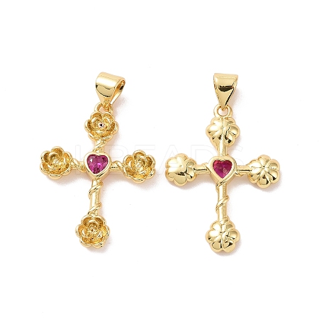 Cross with Flower Brass Micro Pave Cubic Zirconia Pendants KK-G435-06G-04-1