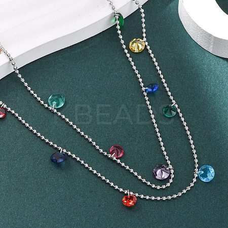 304 Stainless Steel Ball Chain Colorful Cubic Zirconia Flat Round Tassel Double Layer Necklaces for Women LS-NJEW-A051-05P-1
