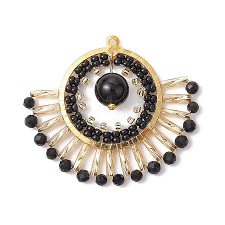 Natural Black Onyx(Dyed & Heated) & Glass Seed Beads Fan Pendants PALLOY-MZ00308-01-1