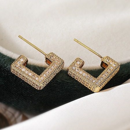 Square Box Design Brass Micro Pave Clear Cubic Zirconia Stud Earrings for Women EJEW-A110-07G-1