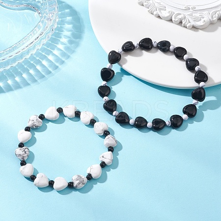 2Pcs Natural Howlite & Black Onyx Beaded Stretch Bracelets for Couple BJEW-JB13371-1