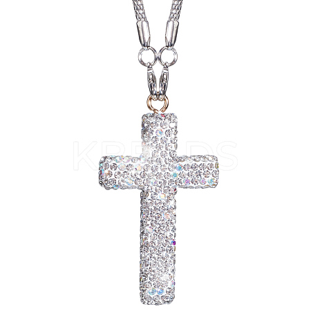 Polymer Clay Rhinestone Cross Pendant Alloy Chain Necklaces NJEW-CN0001-16B-1