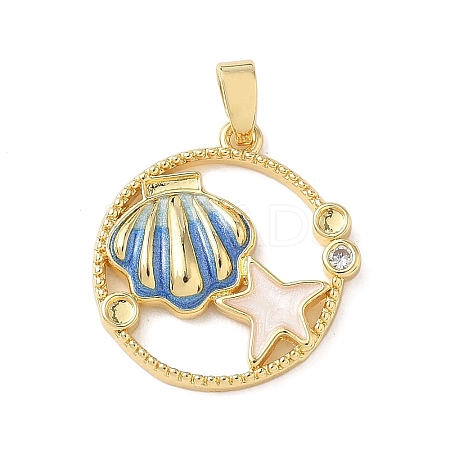 Flat Round with Shell Shape Brass Micro Pave  Clear Cubic Zirconia Pendant Cabochon Settings KK-P334-17G-01-1