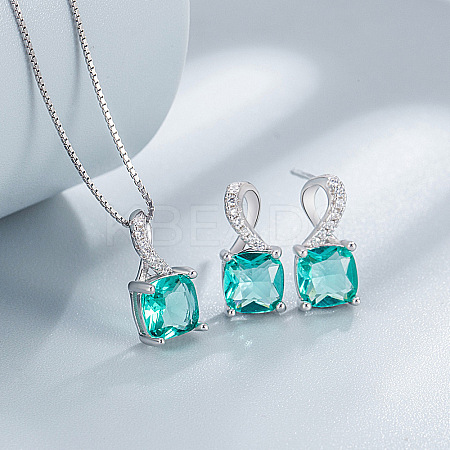 Square Rhodium Plated 925 Sterling Silver Pave Cubic Zirconia Pendant Necklaces & Stud Earrings Sets for Women WG8F2D6-02-1