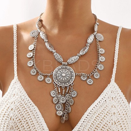 Tibetan Style Alloy Flat Round Bib Necklaces NJEW-L046-04AS-1