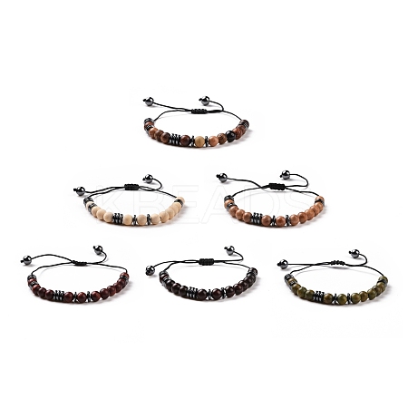 4Pcs Wood and Non-Magnetic Synthetic Hematite Braided Bead Bracelets Set BJEW-JB08941-1