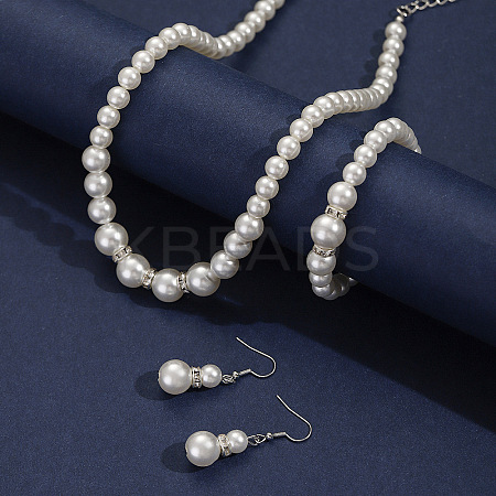 Plastic Imitation Pearl Round Beads Bracelets & Dangle Earrings & Necklaces Sets for Women FS-WG77A0B-01-1
