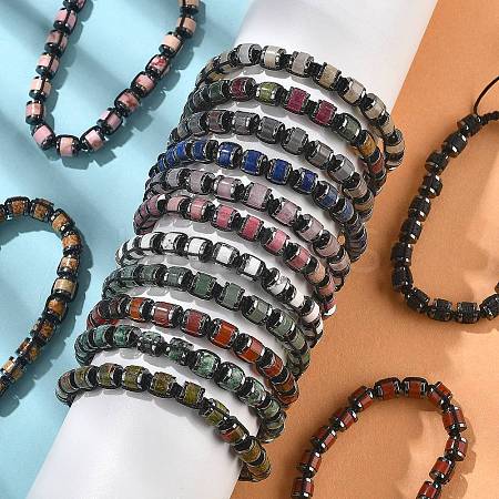 Adjustable Natural & Synthetic Gemstone and Non-magnetic Synthetic Hematite Braided Bead Bracelets BJEW-Z090-01-1