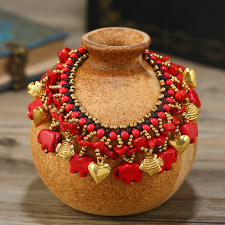 Bohemian Dyed Synthetic Turquoise Elephant & Brass Fish Heart Beaded Tassel Anklets for Women FS-WG11539-02-1
