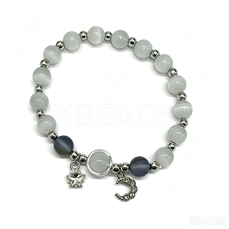 Moon Alloy Cat Eye & Natural Moonstone Round Beaded Charm Bracelets WG18D49-05-1