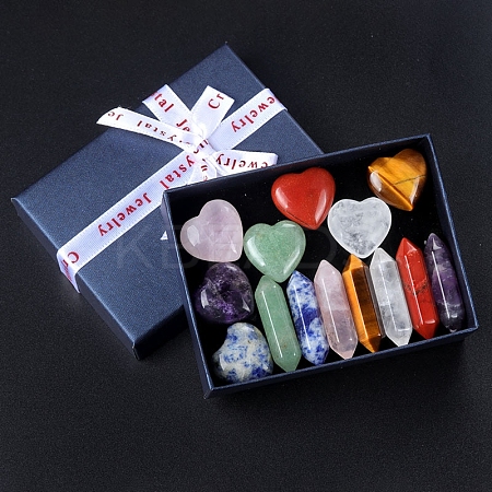 14Pcs Chakra Heart & Hexagonal Prism Mixed Natural Gemstone Healing Stones Set X1-PW-WG55180-01-1