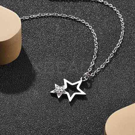 304 Stainless Steel Crystal Rhinestone Double Star Pendant Cable Chain Necklaces LS-NJEW-Z056-02A-P-1