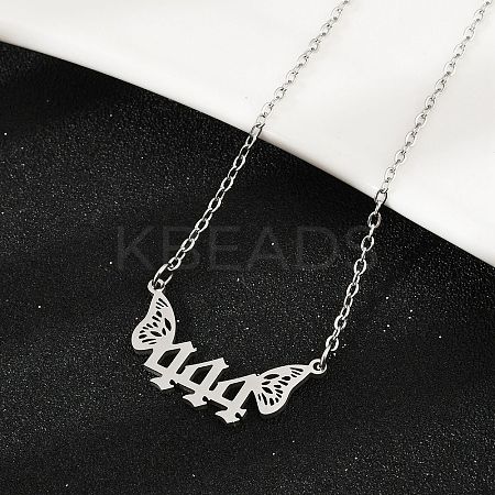 201 Stainless Steel Number 444 with Butterfly Wings Pendant Necklaces LS-NJEW-P332-01B-P-1