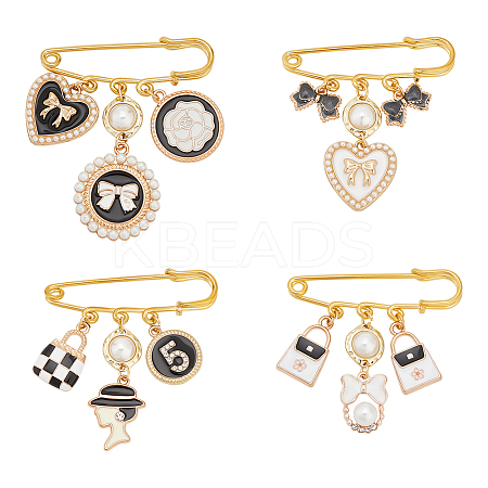 Fingerinspire 1 Set Bowknot & Heart & Bag & Number 5 Alloy Enamel Charms Safety Pin Brooches JEWB-FG0001-10-1