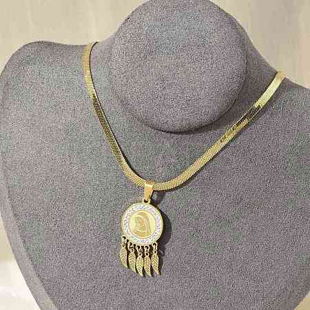 201 Stainless Steel Clear Cubic Zirconia Flat Round Virgin with Feather Pendant Necklaces NJEW-H055-02G-1