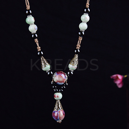 Alloy & Porcelain Teardrop Pendant Beaded Necklaces for Women FS-WG9463F-01-1
