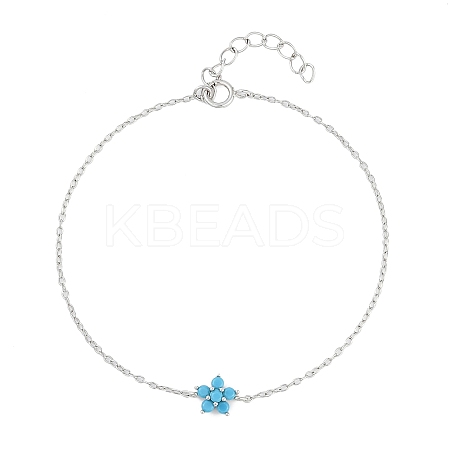 925 Sterling Silver Cubic Zirconia & Synthetic Turquoise Flower Link Bracelets XT0862-4-1