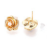 Brass Pave Clear Cubic Zirconia Flower Stud Earrings KK-T077-24G-2