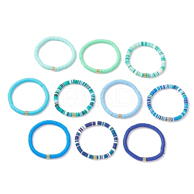 10Pcs 10 Colors Handmade Polymer Clay Heishi & Brass Bead Stretch Bracelets for Women BJEW-MZ00198-1