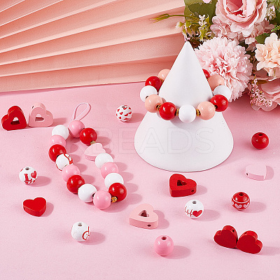 Valentine's Day Spray Painted Natural Wood Beads WOOD-SP0001-26-1