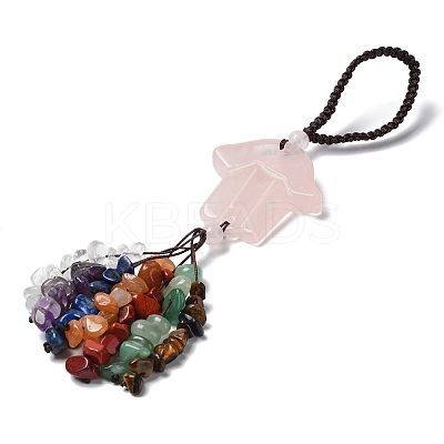 Hamsa Hand/Hand of Miriam Natural Rose Quartz Pendant Decorations HJEW-R127-02A-1