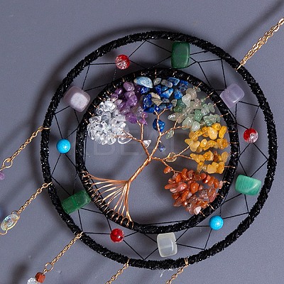 7 Chakra Tree of Life Natural Gemstone Chips Hanging Suncatchers HJEW-F023-02-1