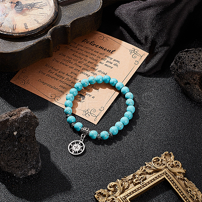 Synthetic Turquoise Beaded Stretch Bracelet with 304 Stainless Steel Compass Charms BJEW-OC0001-17-1