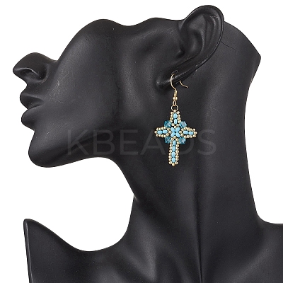 304 Stainless Steel Glass Seeds Cross Dangle Earrings EJEW-MZ00506-06-1