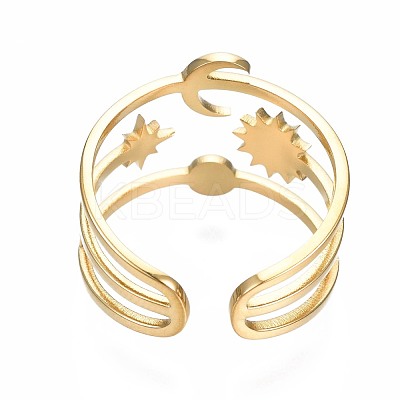 304 Stainless Steel Moon and Star Open Cuff Ring RJEW-T023-32G-1